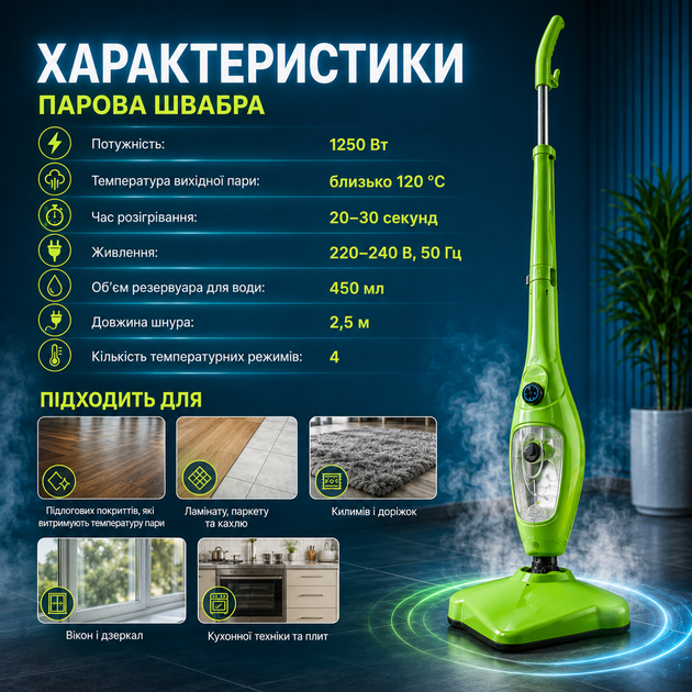 Паровая швабра Steam Master H2O MOP X5 1250 Вт Многофункциональный пароочиститель для дома Отпариватель одежды Устройство для очистки пола окон ковров - изображение 3