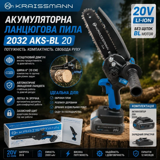 Аккумуляторная цепная пила KRAISSMANN 2032 AKS-BL 20 (аккумулятор 2000 мАч и зарядка) - Фото 2 Аккумуляторная цепная пила KRAISSMANN 2032 AKS-BL 20 (аккумулятор 2000 мАч и зарядка) - изображение 2