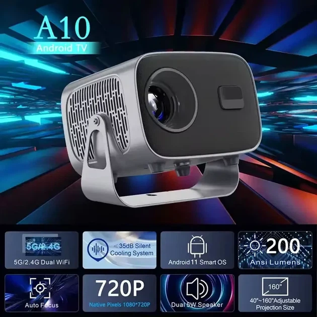 Портативний мультимедійний проєктор 4K Android A10 з Wi-Fi 2.4/5 ГГц, Bluetooth 5.2, автофокусом і автокоригцією трапеції - зображення 5