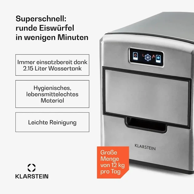 Компрессорный ледогенератор Klarstein Metropolitan 10031881, 12 кг/сутки, 2,15 л, 3 размера льда, дисплей, 36 куб./ч, 150 Вт - изображение 6