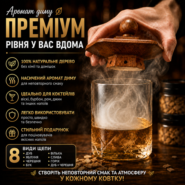 Набор для копчения коктейлей Bartending Brown — коричневый деревянный смокер, 8 видов щепы, турбо-зажигалка, стакан 295 мл - изображение 3