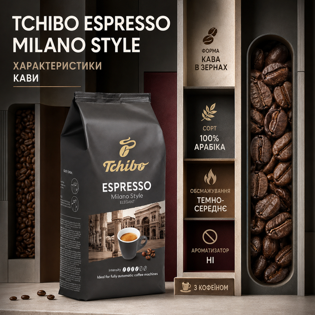 Зерновой кофе Tchibo Espresso Milano Style 1000 г 1 кг Чибо Милано арабика 100% темно среднее обжаривание немецкая высокогорная ароматная фруктовая нота черный шоколад бархатная пенка для кофемашины ристрето эспрессо латте капучино - изображение 3