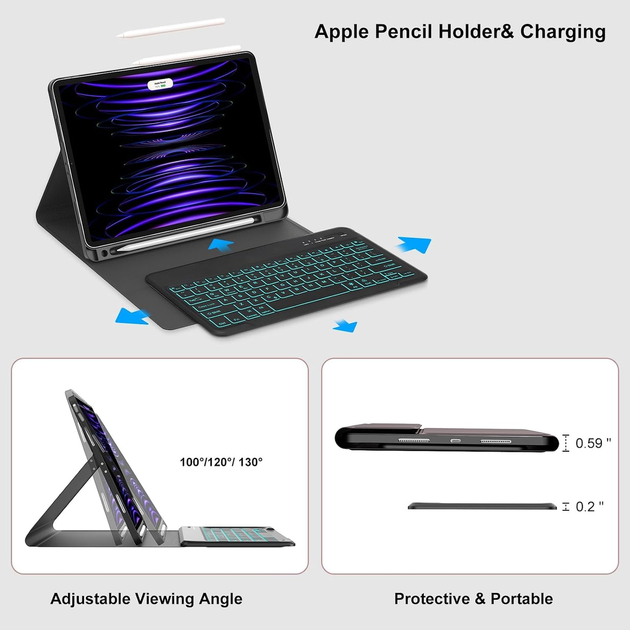 Чехол-клавиатура JADEMALL для iPad Pro 12.9″ 3/4/5/6 Gen 2018–2022, Bluetooth, QWERTZ, подсветка, синий - изображение 4