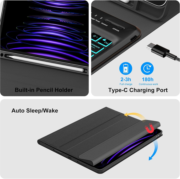 Чехол-клавиатура JADEMALL для iPad Pro 12.9″ 3/4/5/6 Gen 2018–2022, Bluetooth, QWERTZ, подсветка, синий - изображение 6
