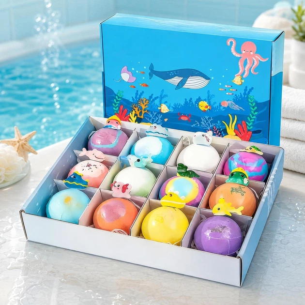 Набір з 12 органічних бомбок для дітей BATH BOMB GIFT із сюрпризом для ванни - зображення 5
