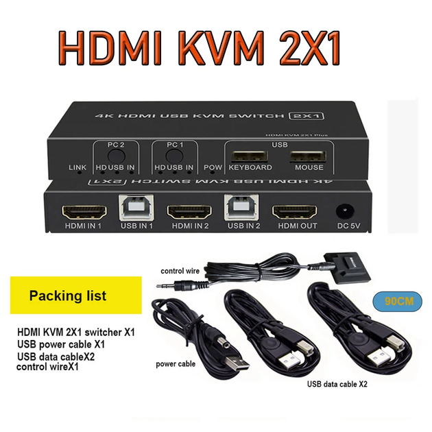 KVM-переключатель Biaze KVM08 HDMI 2.0 на 2 порта, 4K 60 Гц, USB hot-swap - изображение 7