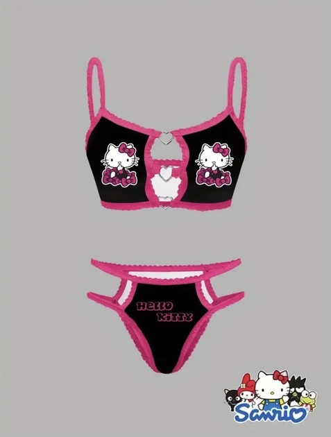 Комплект женского белья Хелоу Кити Топ и трусики Hello Kitty Lingerie Set Аниме Санрио Y2K тренд (черно-розовый) M - изображение 2