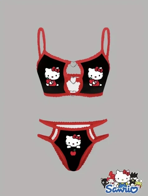 Комплект женского белья Хелоу Кити Топ и трусики Hello Kitty Lingerie Set Аниме Санрио Y2K тренд (черно-красный) M - изображение 2