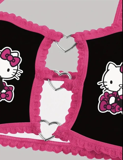 Комплект женского белья Хелоу Кити Топ и трусики Hello Kitty Lingerie Set Аниме Санрио Y2K тренд (черно-розовый) M - изображение 4