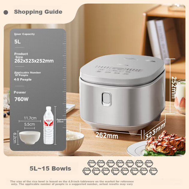 Рисоварка Midea MB-RE576S 5 л с чашей из стали 316L без покрытия, для 4-5 человек - Фото 2 Рисоварка Midea MB-RE576S 5 л с чашей из стали 316L без покрытия, для 4-5 человек - изображение 2