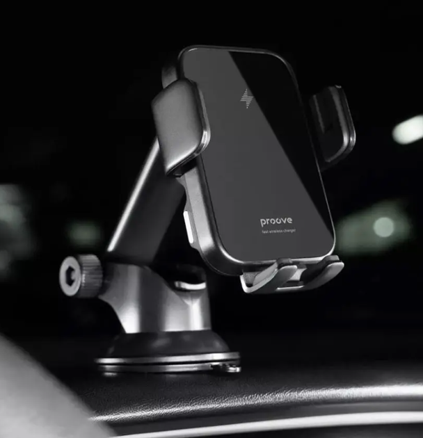 Автодержатель Proove Triple Clamp с беспроводной зарядкой 15W на панель и дефлектор для телефона, автоматический, черный - изображение 2