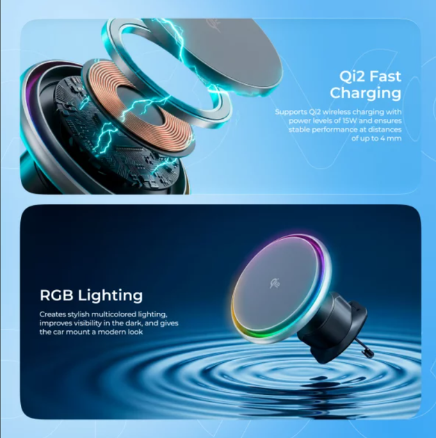 Автодержатель Proove IceCore Qi2 с MagSafe и беспроводной зарядкой 15W, активным охлаждением и RGB-подсветкой, на дефлектор, графитовый - изображение 5