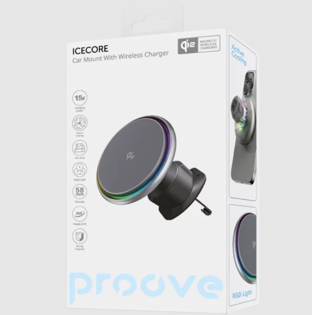 Автодержатель Proove IceCore Qi2 с MagSafe и беспроводной зарядкой 15W, активным охлаждением и RGB-подсветкой, на дефлектор, графитовый - изображение 9