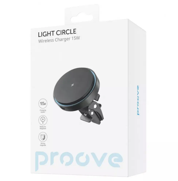 Автодержатель Proove Light Circle MagSafe 15W с беспроводной зарядкой на дефлектор для телефона, магнитный, черный - Фото 6 Автодержатель Proove Light Circle MagSafe 15W с беспроводной зарядкой на дефлектор для телефона, магнитный, черный - изображение 6
