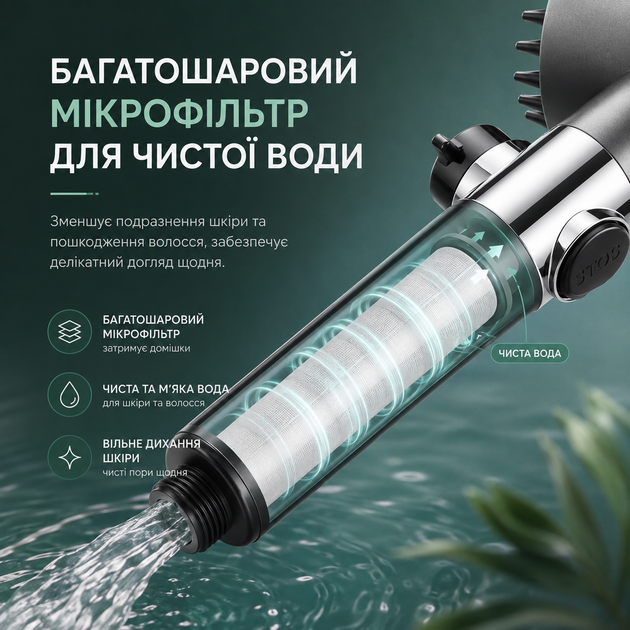 Лійка для душу з фільтром та 3 режимами подачі води, кнопкою STOP, графітова - изображение 4