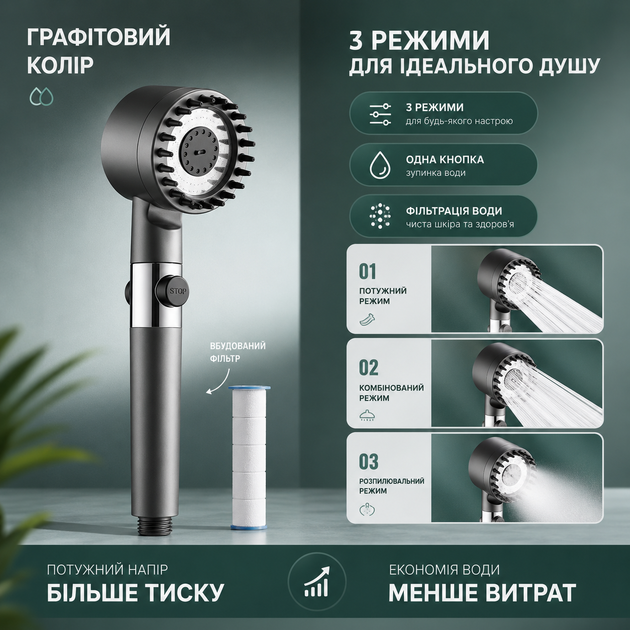 Лійка для душу з фільтром та 3 режимами подачі води, кнопкою STOP, графітова - изображение 5