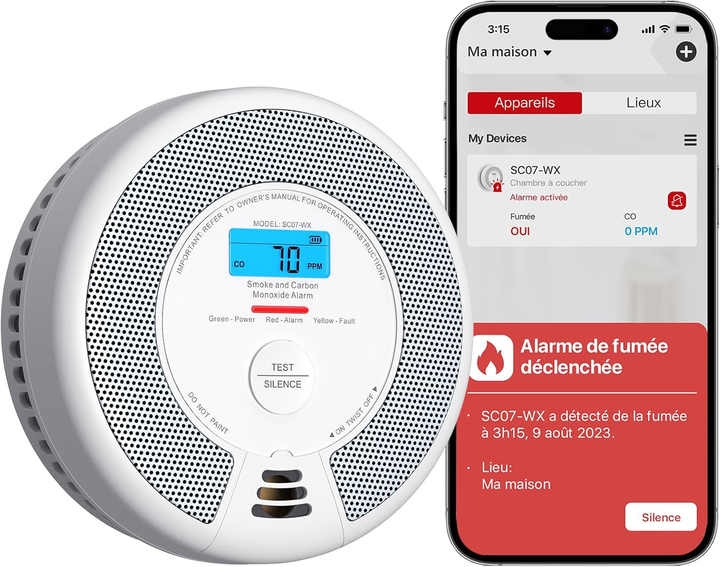 Умный датчик дыма и угарного газа X-Sense SC07-WX Wi-Fi, LCD, CO, 85 дБ, CR123A, уведомления на смартфон - изображение 2