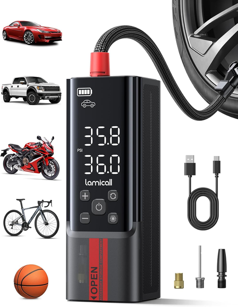 Портативный компрессор Lamicall 150 PSI, 35 л/мин, автостоп, 5 режимов, LED-дисплей и фонарик, для авто/вело/мото - изображение 2