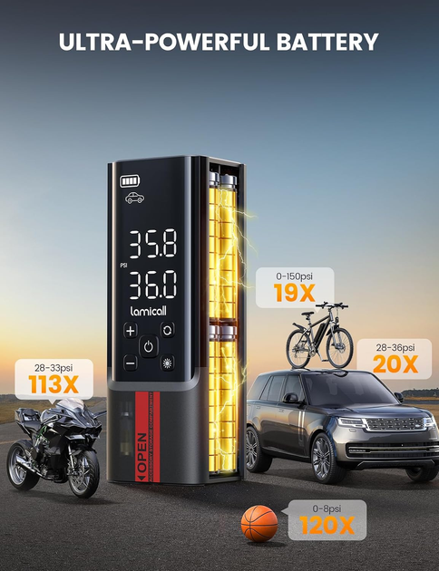 Портативный компрессор Lamicall 150 PSI, 35 л/мин, автостоп, 5 режимов, LED-дисплей и фонарик, для авто/вело/мото - изображение 4