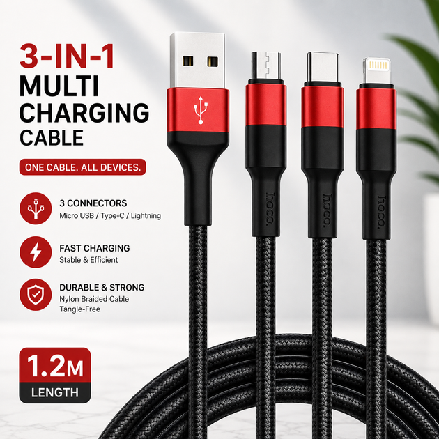 Кабель Hoco X26 Xpress 3 в 1 USB to Micro USB + Lightning + Type-C 2 A 1 м, чорно-червоний - Фото 2 Кабель Hoco X26 Xpress 3 в 1 USB to Micro USB + Lightning + Type-C 2 A 1 м, чорно-червоний - зображення 2