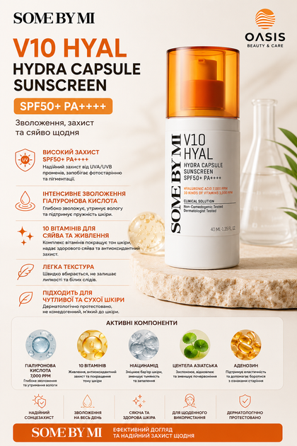 Сонцезахисний крем Some By Mi V10 Hyal Hydra Capsule Sunscreen 40 мл — інтенсивне зволоження, захист SPF50+ та догляд за шкірою - изображение 2