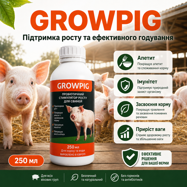 Кормова добавка для свиней GROWPIG Growth Stimulator Добавка для росту свиней 250 мл Пробіотики для свиней - зображення 10