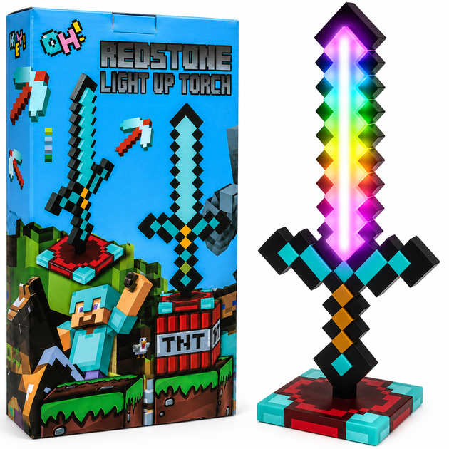Алмазный меч Minecraft 17 режимов ночник с подставкой LED меч для игры и декора - Фото 3 Алмазный меч Minecraft 17 режимов ночник с подставкой LED меч для игры и декора - изображение 3