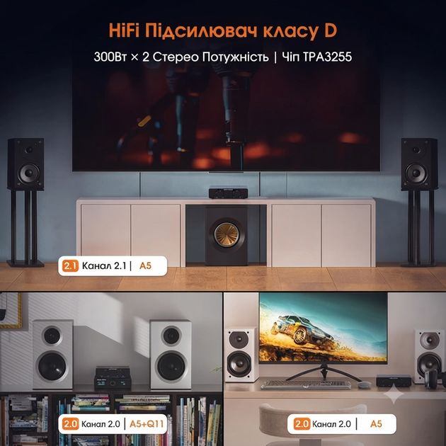 Стереоусилитель Douk Audio A5 TPA3255 300 Вт класса D с фильтром верхних частот блоком питания 32В 5А и LED подсветкой настольный HiFi Черный - изображение 3