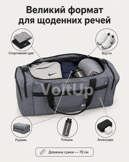 Сумка Nike серая 70 см - спортивная дорожная для спортзала с отделениями на молнии и плечевым ремнем - изображение 4