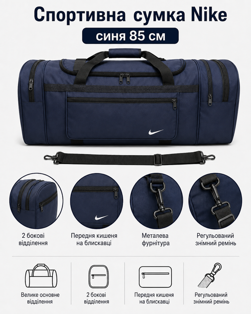 Сумка Nike синяя 85 см - спортивная дорожная для спортзала с отделениями на молнии и плечевым ремнем - изображение 5
