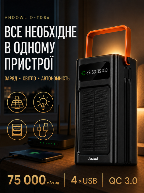 Павербанк Andowl Q-TD86X1 75000 мАг Power Bank зовнішній акумулятор із сонячною батареєю LED-ліхтарем швидким заряджанням QC 3.0 4 USB вбудованими кабелями Lightning Type-C для телефона чорний - Фото 7 Павербанк Andowl Q-TD86X1 75000 мАг Power Bank зовнішній акумулятор із сонячною батареєю LED-ліхтарем швидким заряджанням QC 3.0 4 USB вбудованими кабелями Lightning Type-C для телефона чорний - зображення 7