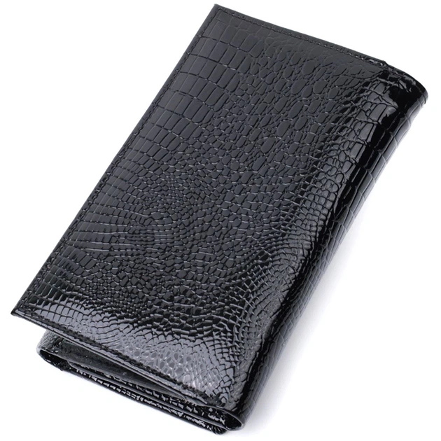 Женский кошелек в три сборки из лакированной фактурной натуральной кожи ST Leather 22707 черный - изображение 5