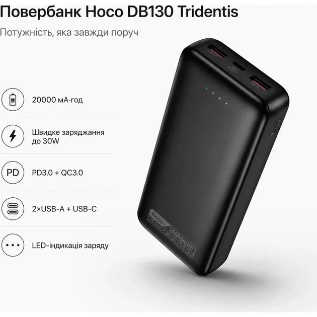 Универсальная мобильная батарея Hoco DB130 Tridentis PD30W Fully Compatible 20000mAh Black - изображение 5