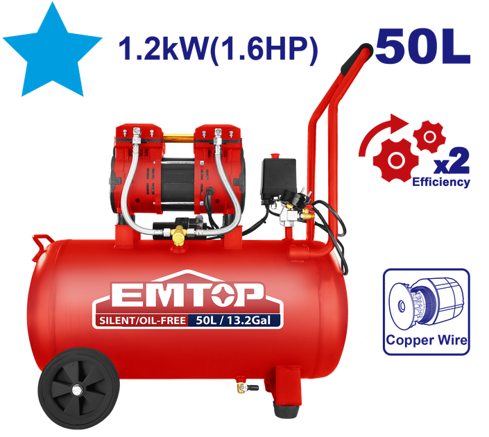 Воздушный компрессор EMTOP EACPS16502 — 50 л, 8 бар, безмасляный, 1200 Вт - Фото 1 Воздушный компрессор EMTOP EACPS16502 — 50 л, 8 бар, безмасляный, 1200 Вт - изображение 1
