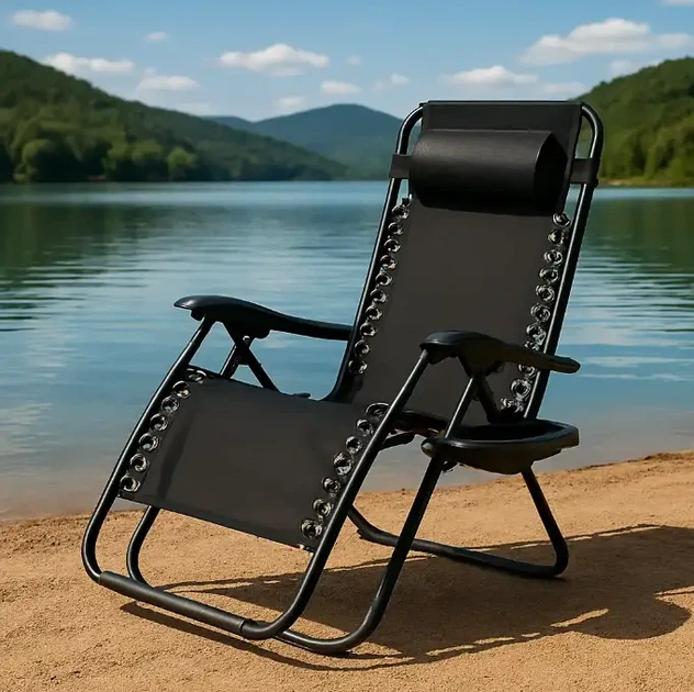 Садовый шезлонг Zero Gravity XXL раскладной 180×64×110 см стальной каркас до 120 кг черный с подстаканником и подголовником - изображение 5