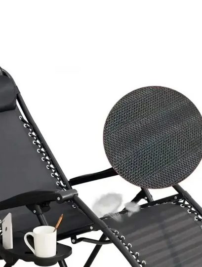 Садовый шезлонг Zero Gravity XXL раскладной 180×64×110 см стальной каркас до 120 кг черный с подстаканником и подголовником - изображение 7