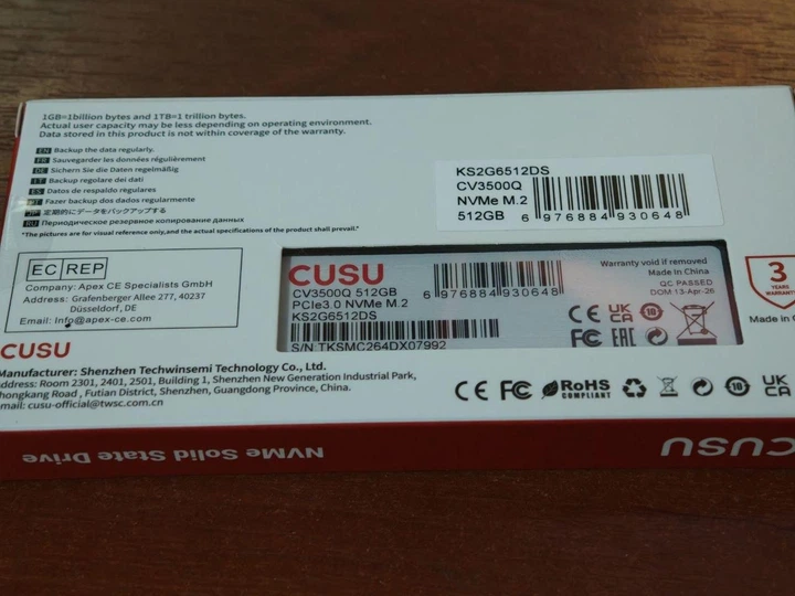 SSD CUSU CV3500Q 512GB NVMe M.2 2280 PCIe 3.0 x4 3500 МБ/с - зображення 3