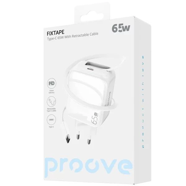 Зарядний пристрій Proove Fixtape GaN 65W Мережевий адаптер 1Type-C зі швидкою зарядкою та вбудованим кабелем Type-C, Білий - Фото 4 Зарядний пристрій Proove Fixtape GaN 65W Мережевий адаптер 1Type-C зі швидкою зарядкою та вбудованим кабелем Type-C, Білий - зображення 4