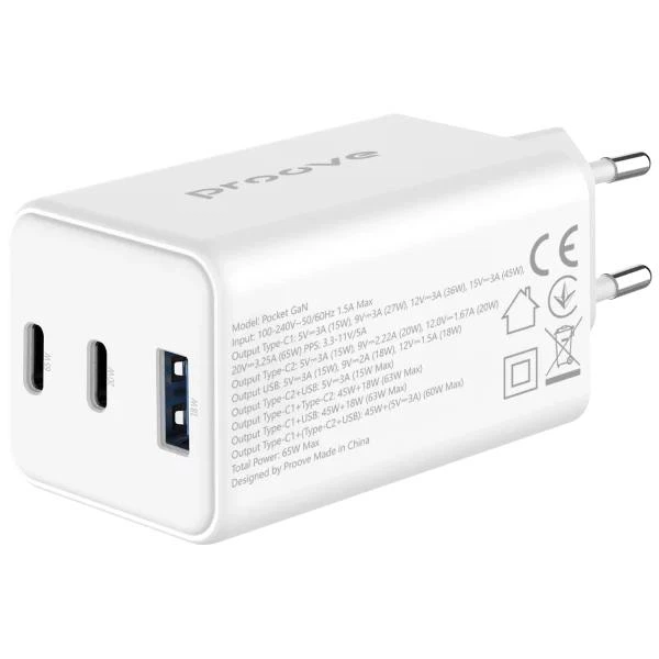 Зарядний пристрій Proove Pocket GaN 65W Мережевий адаптер 2Type-C/USB зі швидкою зарядкою QC4+/PD3.0, Білий - зображення 4