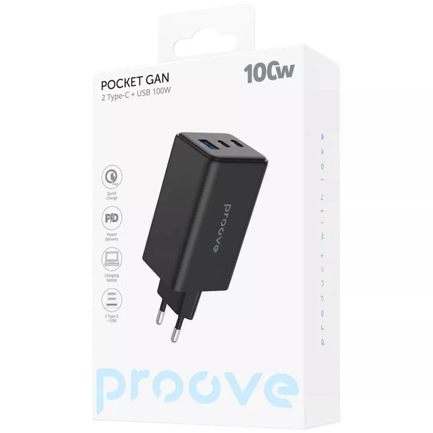 Зарядний пристрій Proove Pocket GaN Max 100W Мережевий адаптер 2Type-C/USB зі швидкою зарядкою QC4+/PD3.0, Чорний - Фото 2 Зарядний пристрій Proove Pocket GaN Max 100W Мережевий адаптер 2Type-C/USB зі швидкою зарядкою QC4+/PD3.0, Чорний - зображення 2