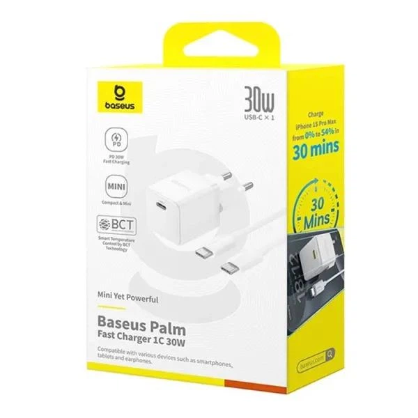 Зарядний пристрій Baseus Palm Fast Charger 30W Мережевий адаптер Type-C зі швидкою зарядкою QC3.0/PD3.0 та кабелем Type-C to Type-C 60W, Білий - зображення 6