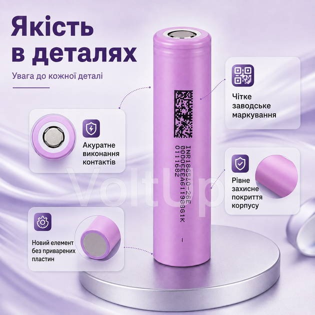 Аккумулятор Samsung INR18650-26E 18650 Li-ion 2600 мА·ч 3,6–3,7 В до 5,2 А без приваренных пластин - Фото 2 Аккумулятор Samsung INR18650-26E 18650 Li-ion 2600 мА·ч 3,6–3,7 В до 5,2 А без приваренных пластин - изображение 2