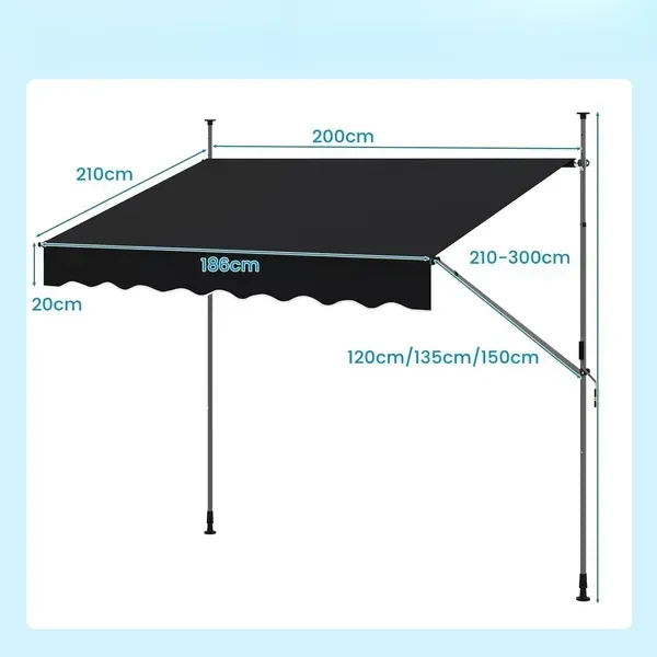 Висувна балконна маркіза Costway 250×120×210–300 см без свердління, чорна - Фото 2 Висувна балконна маркіза Costway 250×120×210–300 см без свердління, чорна - зображення 2