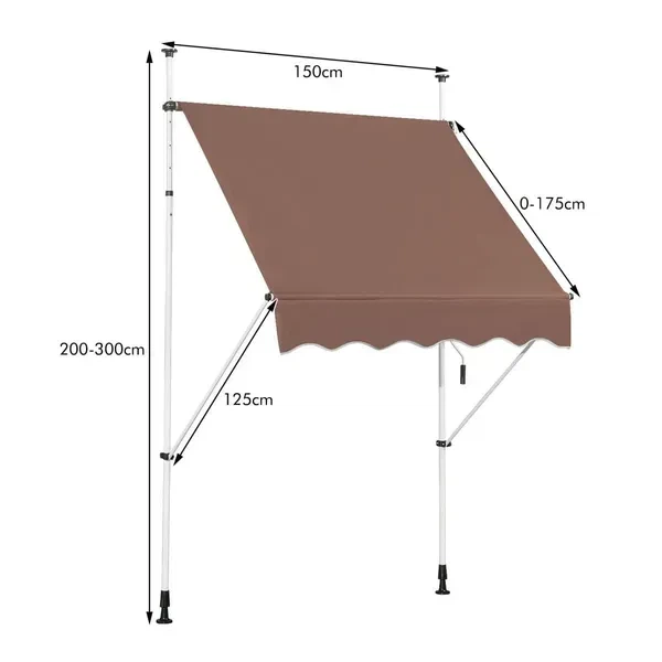 Балконна маркіза Costway 200×125 см з телескопічними стійками 200–300 см і ручним приводом, коричнева - Фото 2 Балконна маркіза Costway 200×125 см з телескопічними стійками 200–300 см і ручним приводом, коричнева - зображення 2