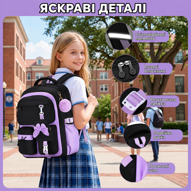Рюкзак школьный для девочки черный с сиреневыми вставками, бантом и брелоком-помпоном - изображение 2