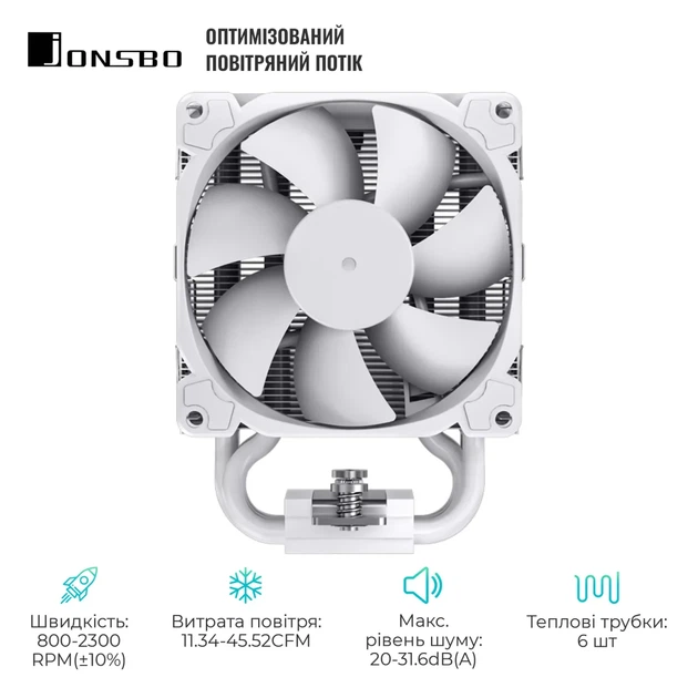 Процесорний кулер JONSBO HX6210 White (92mm/4pin/800-2300RPM/31.6Dba/6 тепл. трубки/4PIN PWM) - изображение 3