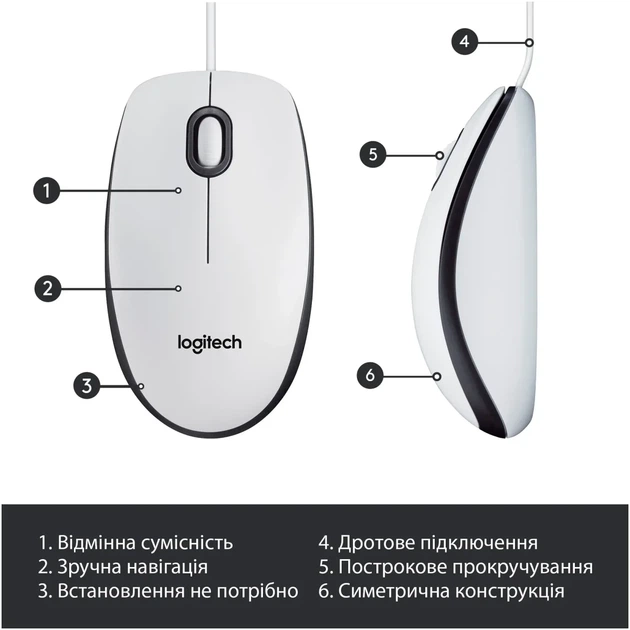 Мишка Logitech M100 USB White (910-006764) - Фото 6 Мишка Logitech M100 USB White (910-006764) - зображення 6