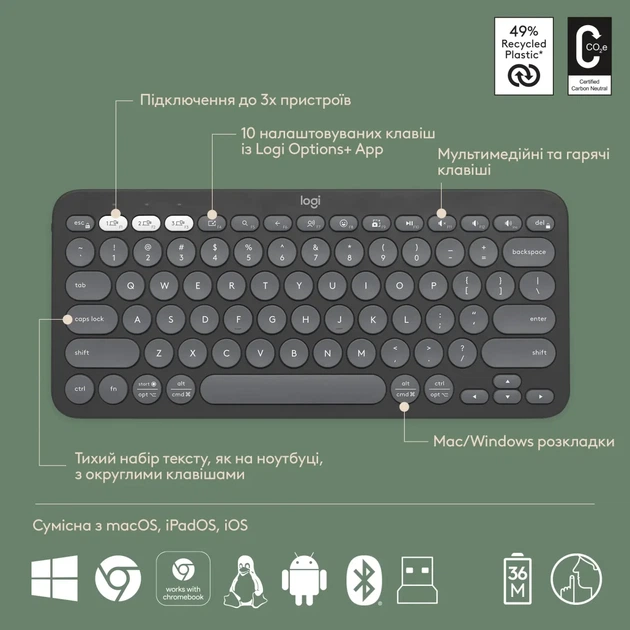Комплект клавіатура та мишка Logitech Pebble 2 Combo Tonal Graphite UA (920-012239) - Фото 6 Комплект клавіатура та мишка Logitech Pebble 2 Combo Tonal Graphite UA (920-012239) - зображення 6
