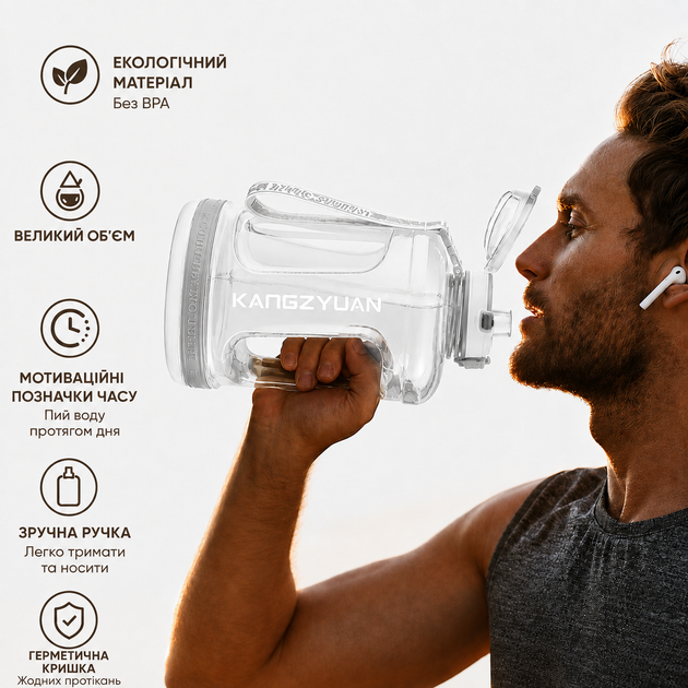 Еко-пляшка KANGZYUAN 1500 мл (1.5 л) — Біла Tritan BPA-free, ударостійка, спортивна з ручкою та ремінцем - Фото 5 Еко-пляшка KANGZYUAN 1500 мл (1.5 л) — Біла Tritan BPA-free, ударостійка, спортивна з ручкою та ремінцем - зображення 5