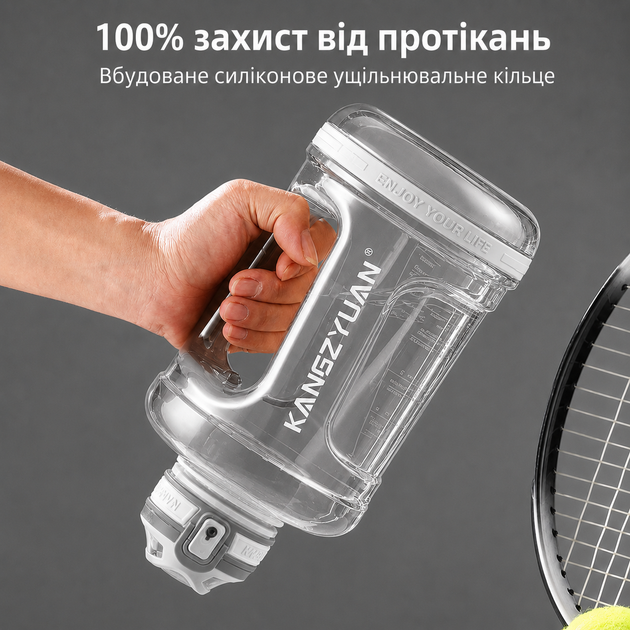 Еко-пляшка KANGZYUAN 1500 мл (1.5 л) — Біла Tritan BPA-free, ударостійка, спортивна з ручкою та ремінцем - Фото 7 Еко-пляшка KANGZYUAN 1500 мл (1.5 л) — Біла Tritan BPA-free, ударостійка, спортивна з ручкою та ремінцем - зображення 7